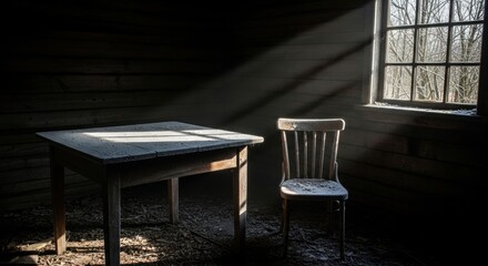 Abandoned cabin interior with dusty table and chair in sunlit room