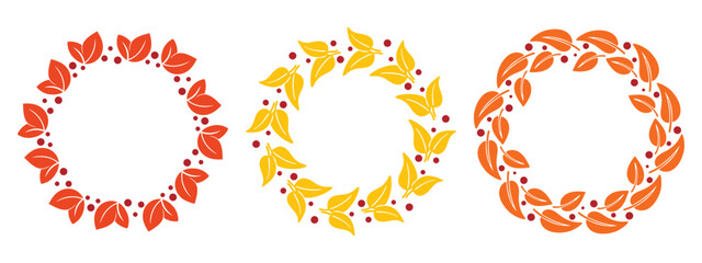 Set of autumn wreaths made of yellowed leaves and berries. Round fall border. Colorful seasonal foliage ring, vector graphic