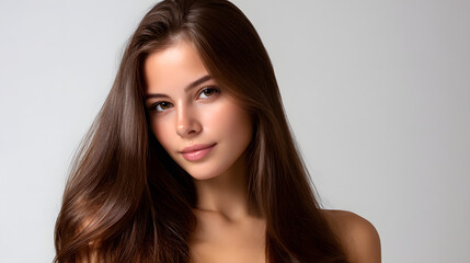 Naklejka premium Salon Concept for Hair Smoothing Product Visual Deep Hair Moisture Effect in Editorial Hair Shot Elegant Hair Volume with Natural Brown Color Hair Gloss Focus for Keratin Treatment Promotion