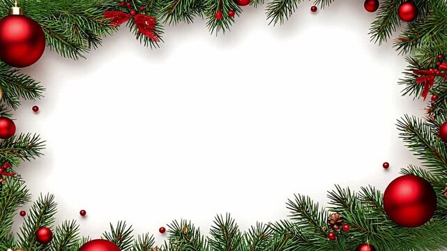Christmas border made of fir branches, red and gold ornaments, pine cones and red berries surrounding a white empty space