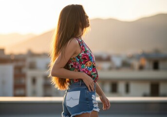 A young woman in a floral top and denim shorts stands outdoors at sunset