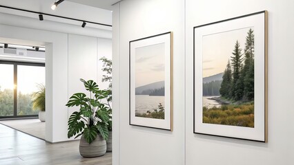 Two White-Bordered Vertical Blank Frames Mounted on Wall in Soft Diffuse Lighting for Gallery Use