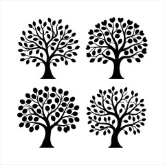 Four Black Trees With Oval Leaves silhouette white