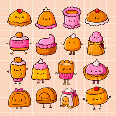 Cute Kawaii Dessert Characters Collection.