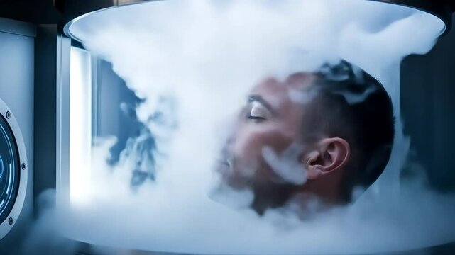 A man undergoes a futuristic cryotherapy session, enveloped in cold vapor inside a high-tech cryogenic chamber with a glowing blue interface.