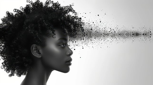 Woman's monochrome profile, hair fading to dispersed particles against gradient white - Powered by Adobe