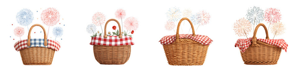 Fototapeta premium Watercolor Picnic Baskets Set with Checkered Linings and Floral Decorations
