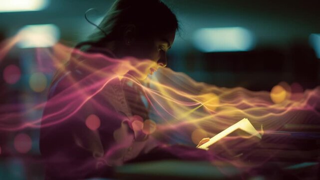Engaging student reading in a dimly lit library during evening study session