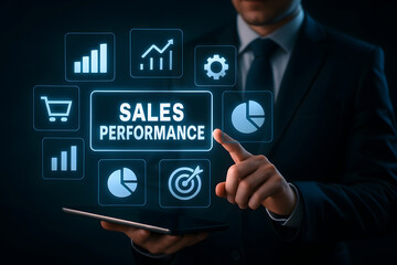 Businessman analyzing sales performance data on a futuristic digital interface
