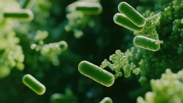 Green bacillus bacteria with stalk, viewed under a microscope. Focused close-up  of microbiology study.