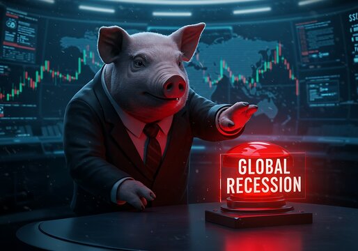 A pig in a suit is about to press a button labeled "Global Recession" in front of a financial chart.