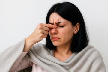 Sinusitis. A woman with her hand on her nose, looking at the camera