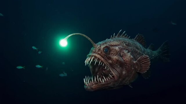 Deep-sea anglerfish with bioluminescent lure hunting
