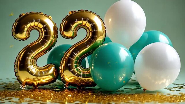 Gold foil balloons celebrating a twenty-second birthday or anniversary with green and white balloons and gold confetti on a green background