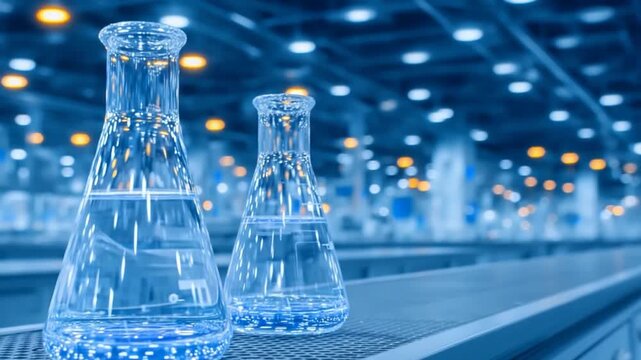 Two Beaker Flasks filled with Blue Liquid on a Factory Conveyor Belt