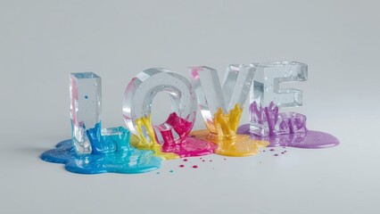 colored glass letters that form the word LOVE, the color paint drips from the word