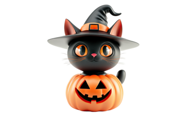Cute black cat wearing a witch hat sitting on a jack o lantern isolated on white background