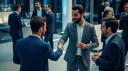 Diverse Business Professionals Shaking Hands and Networking at a Modern Corporate Event. Executive Meeting and Collaboration in a Stylish Office Se...