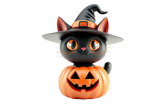 Cute black cat wearing a witch hat sitting on a jack o lantern isolated on white background