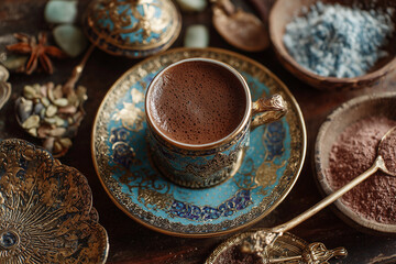 Fototapeta premium A cup of coffee sits on a blue and gold plate