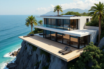 Cliffside Modern Beach Home with Cantilever Deck and Integrated Solar Panels