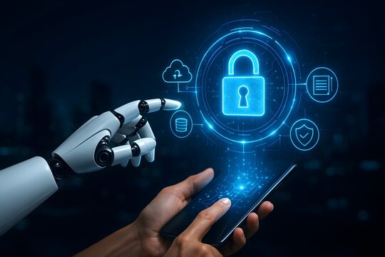 Robot and human collaborate on digital security with futuristic interface