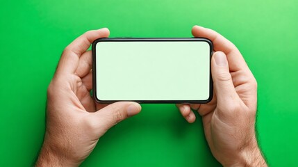 A Pair Of Hands Expertly Holding A Smartphone In Landscape Orientation Thumbs Poised On The Blank Green Screen Set Against A Green Screen Background