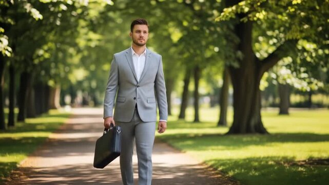 Confident businessman in a grey suit walking with a briefcase on a sunlit park path, embodying professional journey and work-life balance amidst na...