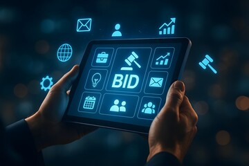 Digital auction platform interface on tablet with business icons and glowing effects
