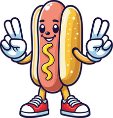 Hot Dog Mascot Cartoon  Vector  Smiling Character with Peace Signs