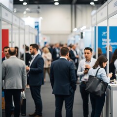 Blurred view of a large convention hall filled with attendees.
