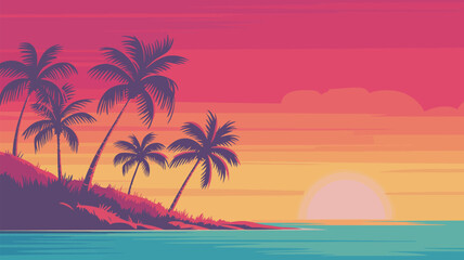 Obraz premium Pixel art tropical beach sunset with palm trees