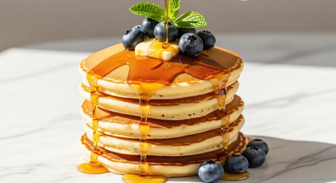 Stack of Pancakes with Maple Syrup and Blueberries. Fluffy pancakes, drizzled with golden maple syrup, topped with fresh blueberries and a sprig of mint. The pancakes are neatly stacked