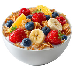 Obraz premium Bowl of cereal with milk topped generously with fresh strawberries, blueberries, banana slices, and orange segments for breakfast.