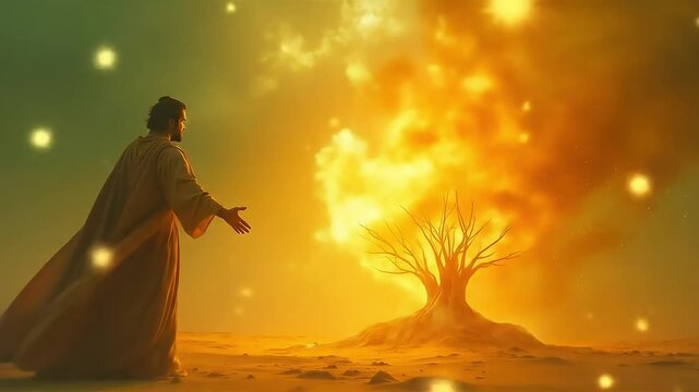 Divine Revelation: A Prophet Encounters the Sacred Burning Bush in the Desert