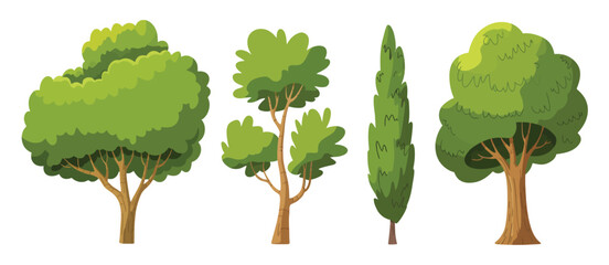 Collection of four distinct cartoon trees with green foliage