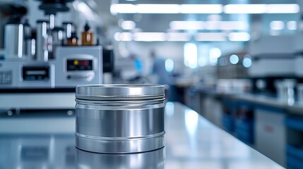 Metal can sits on lab table, equipment and blurred worker in background, bright
