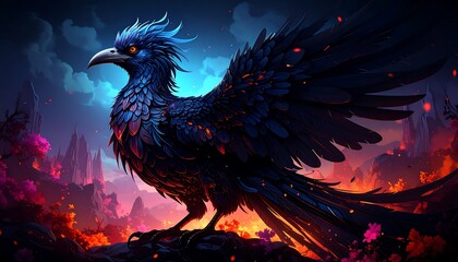 Obraz premium A magnificent, mythical bird with vibrant colors, dynamic pose and a fiery landscape