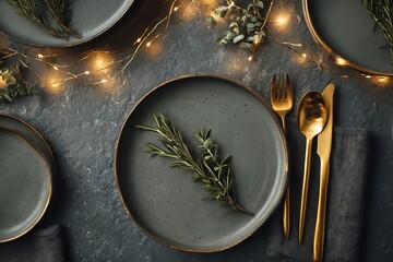 An elegant and festive table setting featuring dark grey plates, golden cutlery, and rosemary sprigs, illuminated by warm fairy lights.
