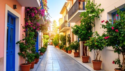 Obraz premium Picturesque alleyway with colorful buildings and vibrant plants