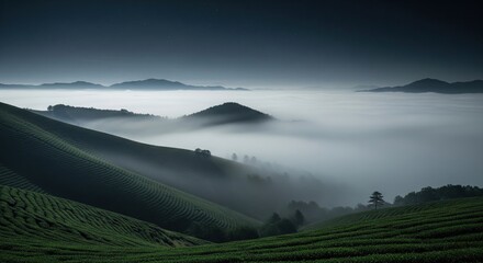 Misty Mountain Forest . A breathtaking view of a dense forest, with tall evergreen trees shrouded in mist and fog. The mountains rise in the background, partially obscured by the atmospheric haze. 