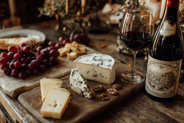 A bottle of wine sits next to a cheese board with a wedge of cheese on it