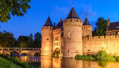 Medieval fortress by a moat at twilight