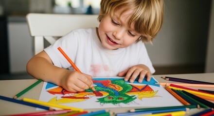 Boy Coloring a Dragon. A young boy with blond hair is intently coloring a drawing of a dragon with colored pencils. He is wearing a white t-shirt and sitting at a table. 