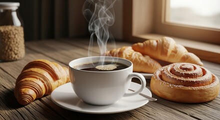 Hot Coffee and Pastries on Wooden Table. A still life scene featuring a steaming cup of hot coffee on a white saucer with a spoon, surrounded by delicious pastries. 