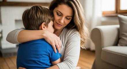 Mother’s Embrace: A Loving Moment. A heartwarming image of a mother embracing her son. The mother, with long wavy hair, is wearing a casual sweater and is gently hugging her son