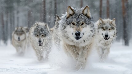 Fototapeta premium of a wolf pack frolicking in deep snow, with powdery flakes flying and joyful expressions, set in a serene, icy woodland background 