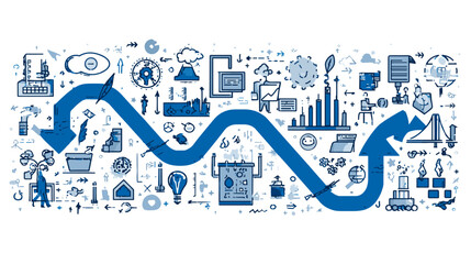 A blue directional arrow zigzags across a black backdrop, intertwined with various icons representing diverse processes and concepts. 