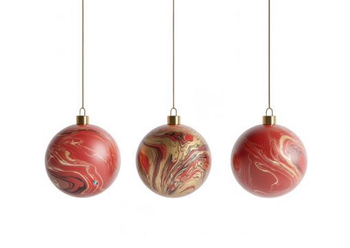 Three red and gold marbled Christmas ornaments hang from thin gold threads against a black background