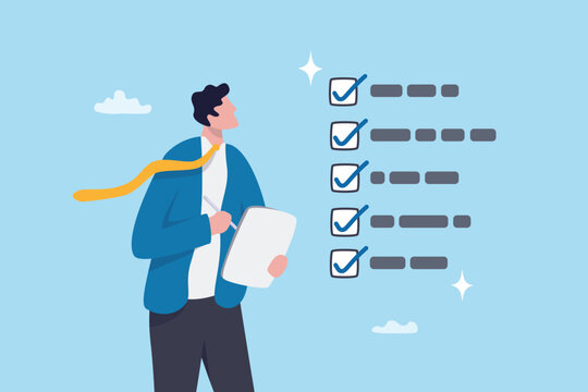 Checklist task accomplishment, approval digital document, list planning, completion or productivity task finish or job done checklist, businessman tick checkbox as completed on digital tablet.